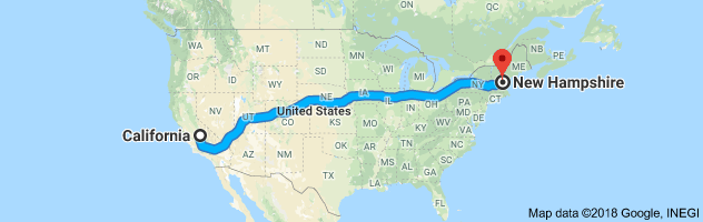 California to New Hampshire Auto Transport Route