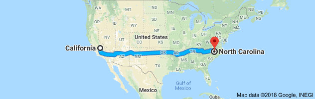 California to North Carolina Auto Transport Route