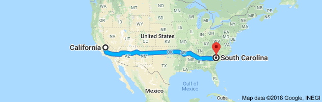 California to South Carolina Auto Transport Route
