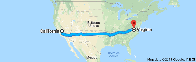 California to Virginia Auto Transport Route